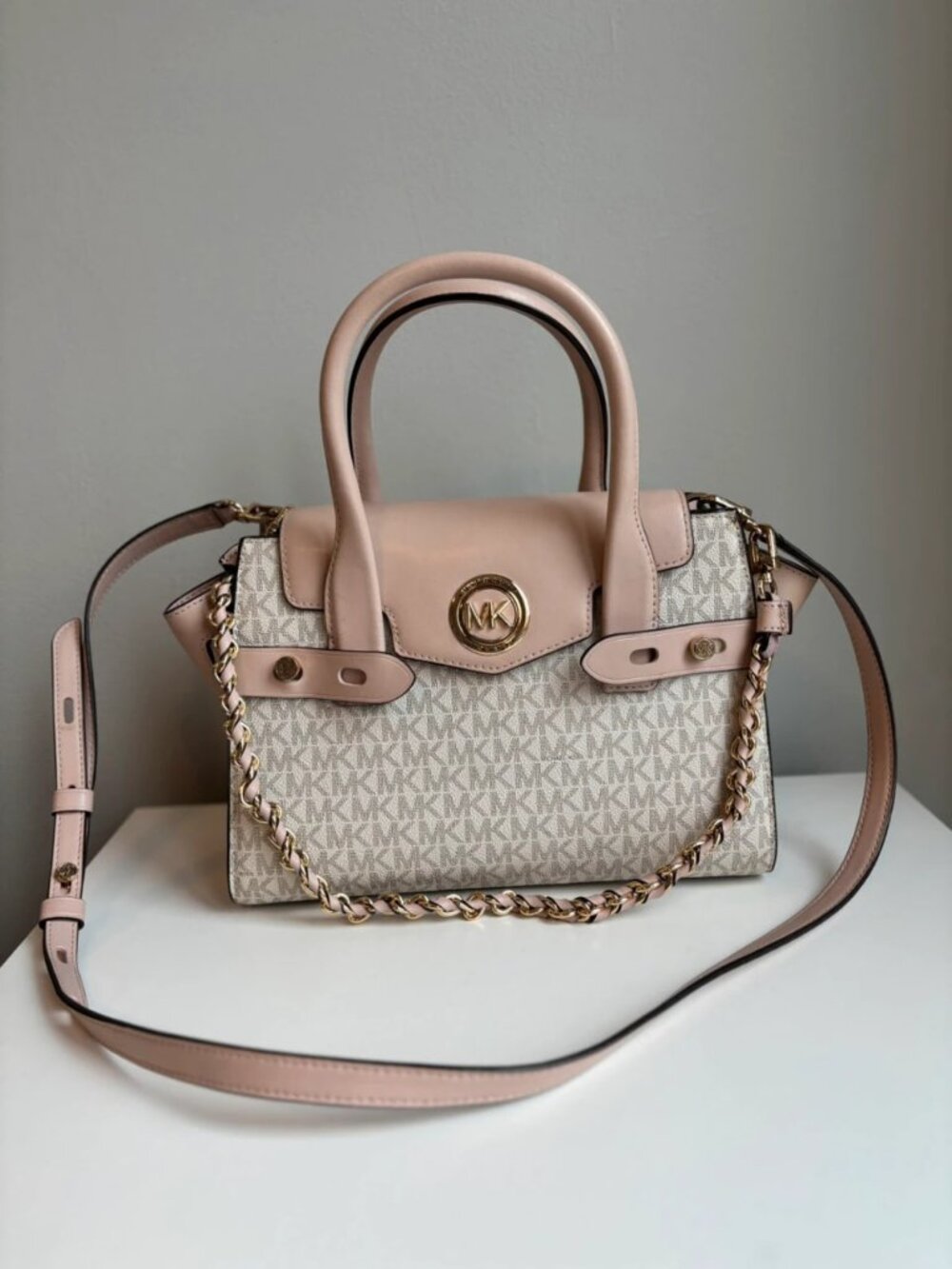 Michael Kors Carmen Small Logo & Leather Belted Satchel Rose/Beige